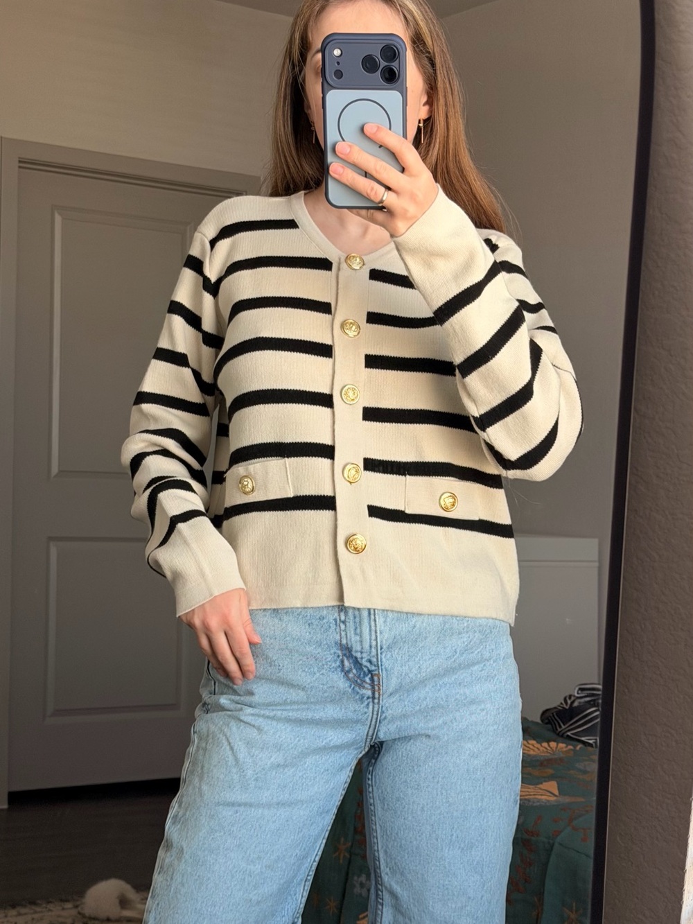 Striped Button-Front Sweater Cardigan - Black & Cream